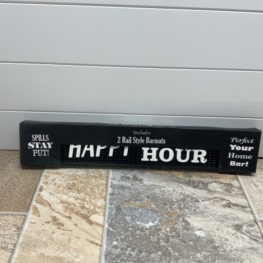 Rubber Barmat Set 2 Rail Style Mats Happy Hour Beer Me Black Home Bar Decor